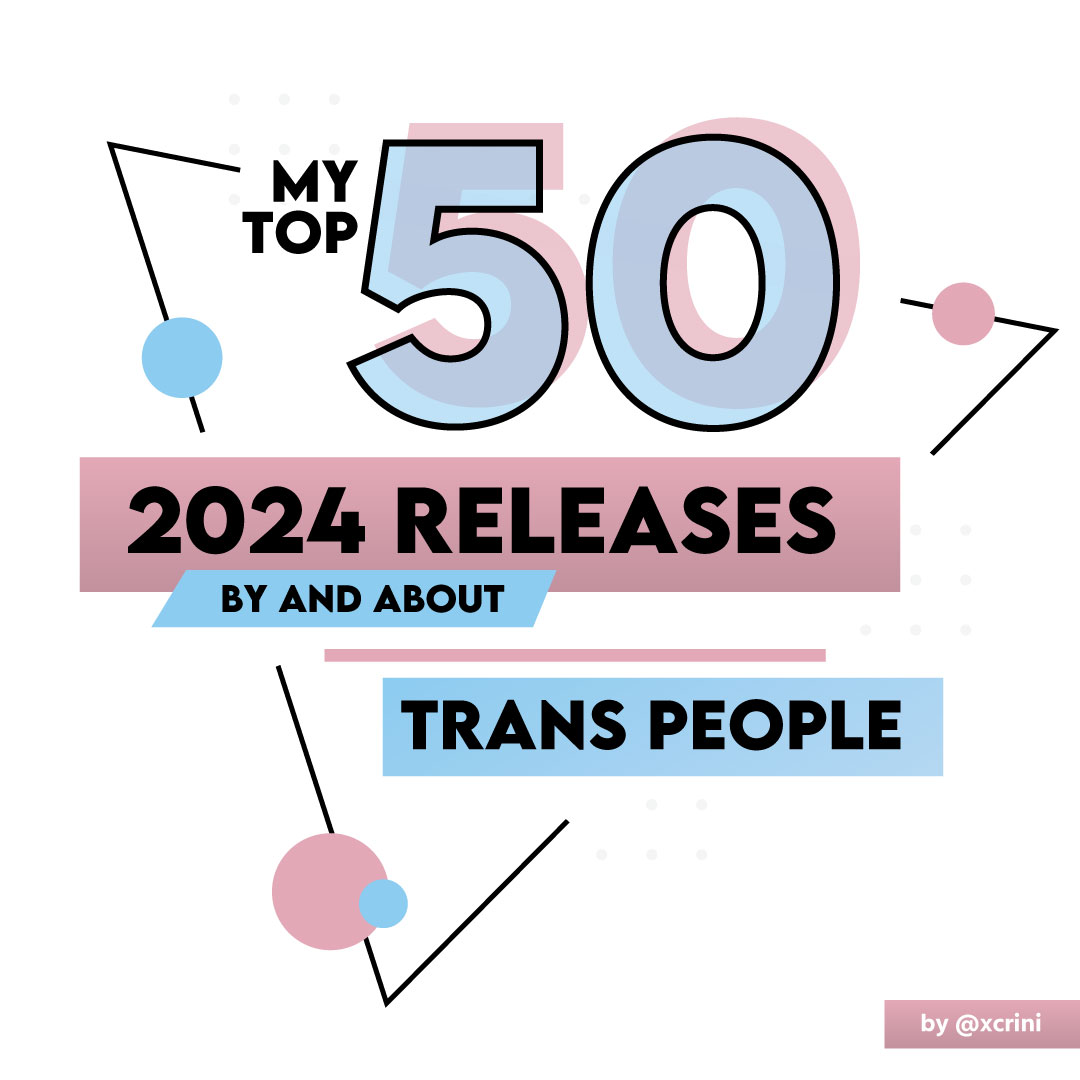 A graphic spelling "My top 50 2024 releases by and about trans people"